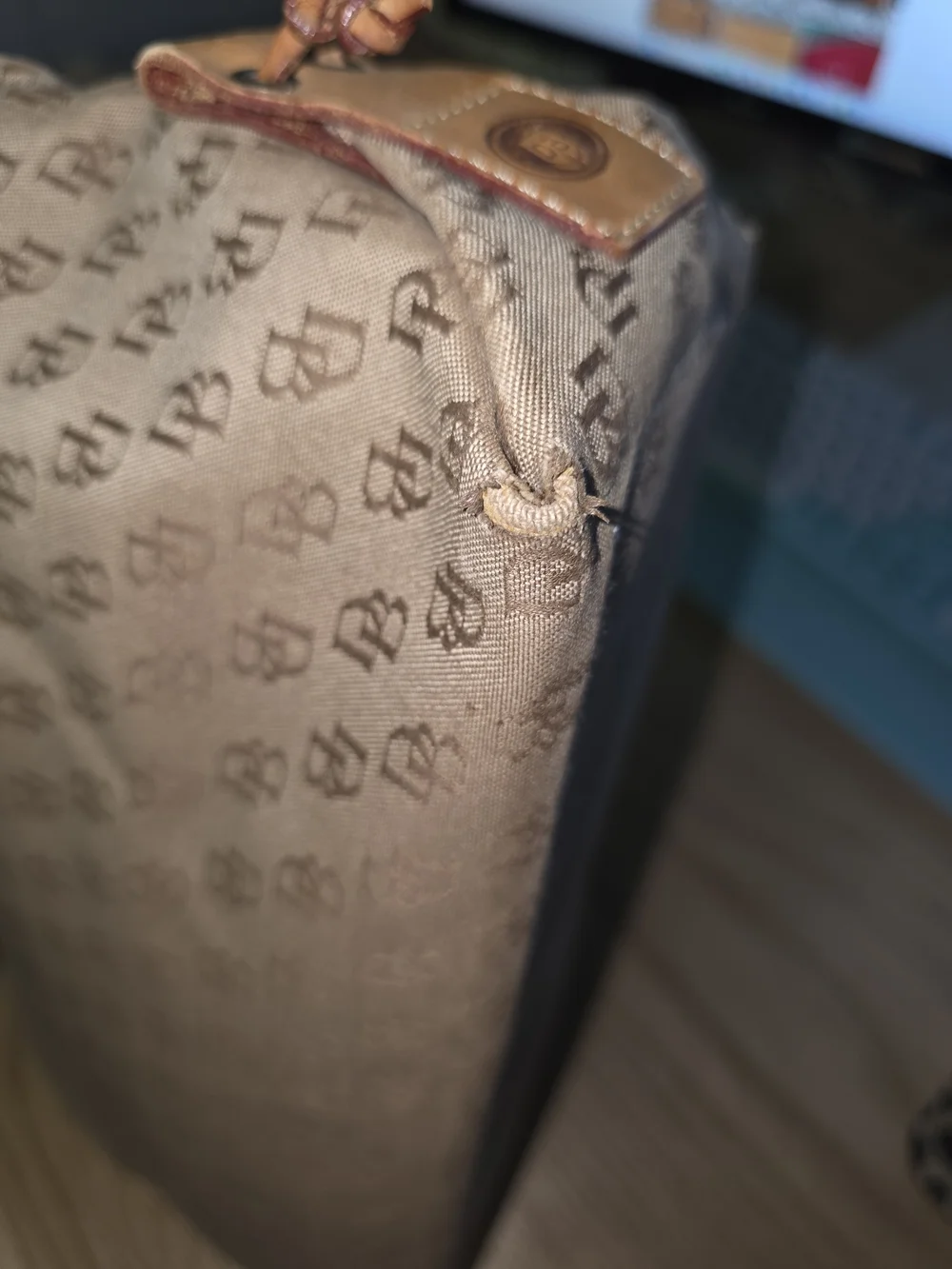 Dooney & Bourke Tan/Brown Monogram Tote with Leather Trim
